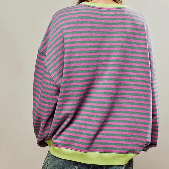 NWT Free People Classic Striped Oversized Crewneck Pink Combo Size Large - Picture 2 of 6